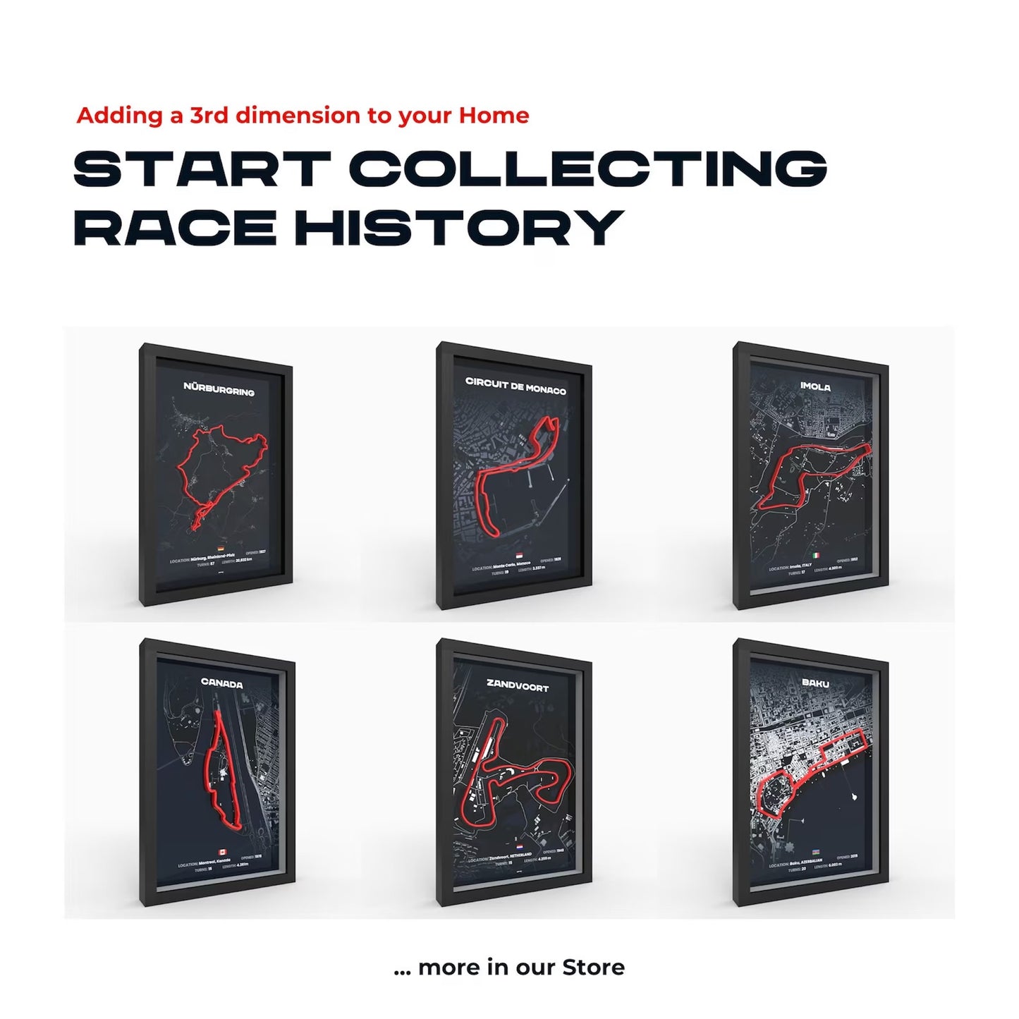 Collection of framed Formula 1 circuit artwork featuring multiple tracks with raised 3D printed race track details