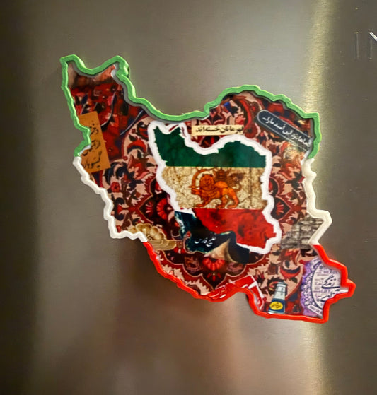 Fridge magnet shaped like map of Iran with cultural elements on fridge