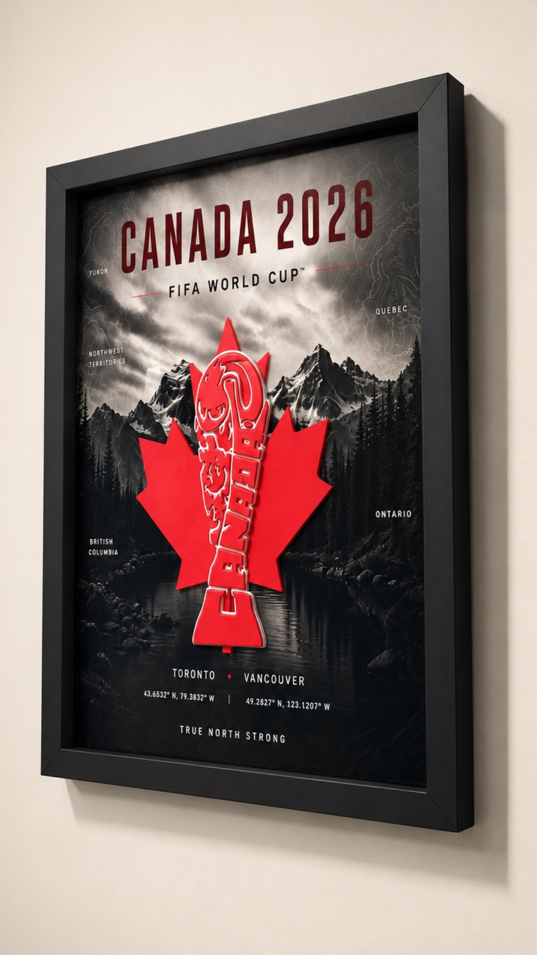 Premium black framed Canada 2026 sports decor featuring a raised red maple leaf and trophy centerpiece.