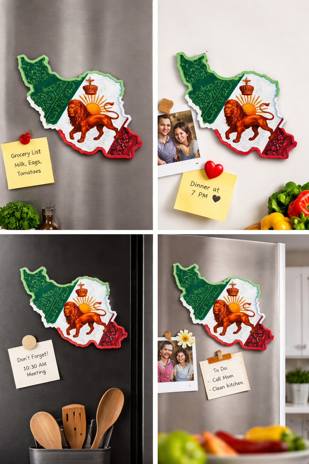 Multiple lifestyle views of Lion & Sun Iran map magnet displayed on different refrigerator surfaces