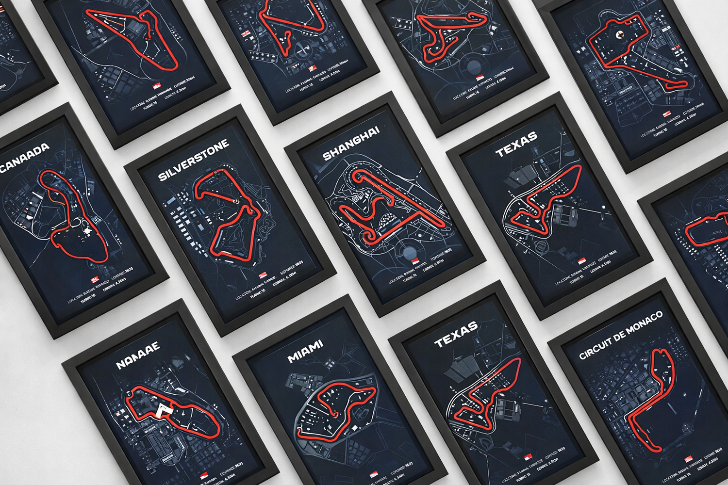 Collection of framed Formula 1 circuit map wall art with detailed track designs and black shadow box frames