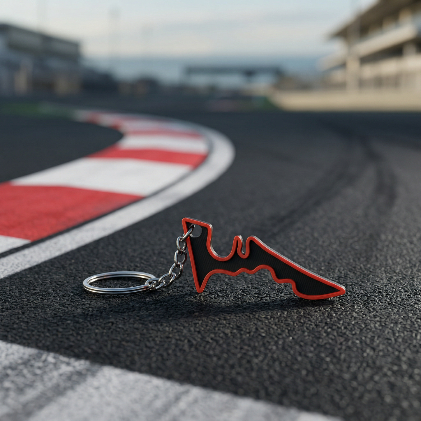 Circuit of the Americas F1 track keychain in black and red 3D-printed design