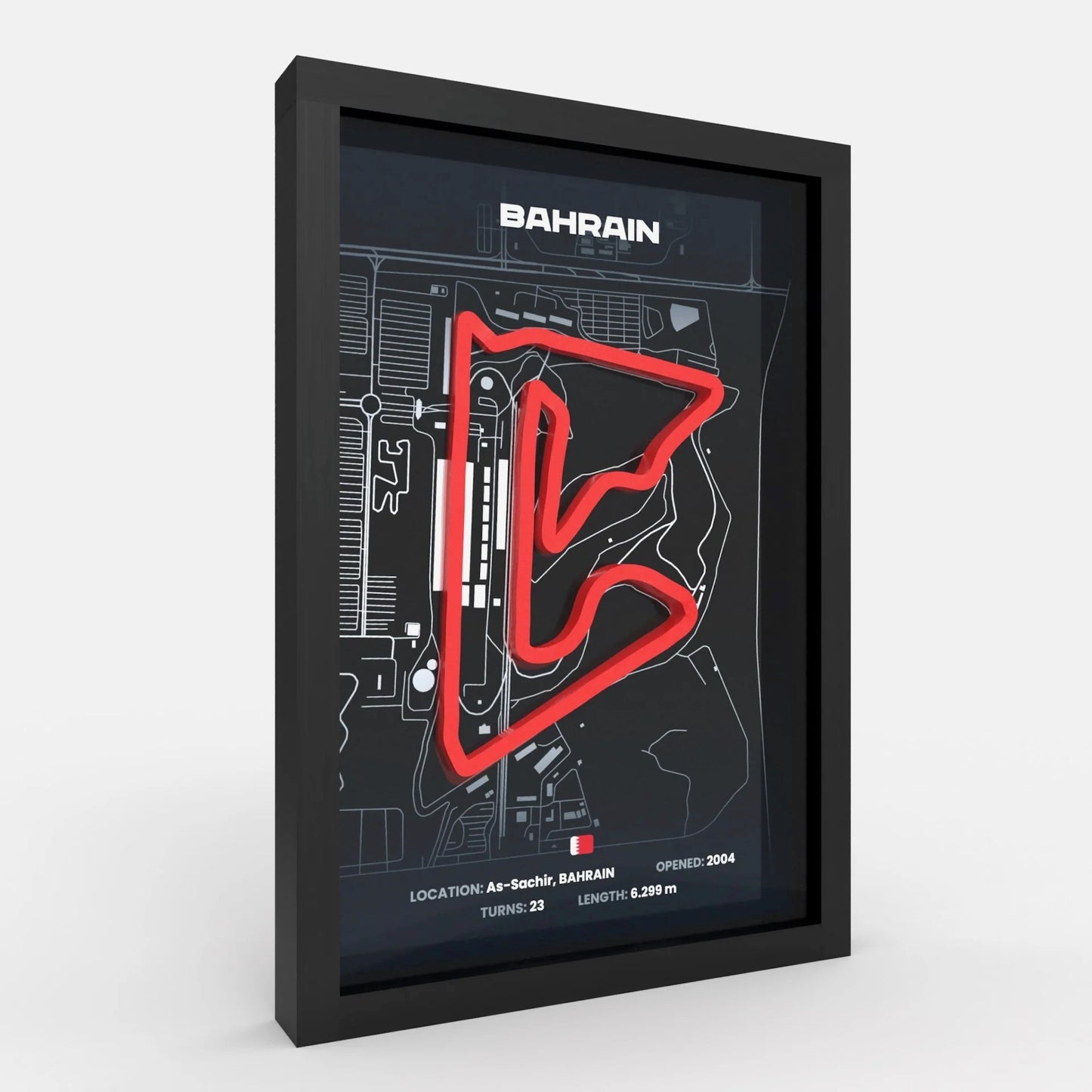 Side angle of Bahrain F1 track 3D layered frame showing depth and shadow box effect