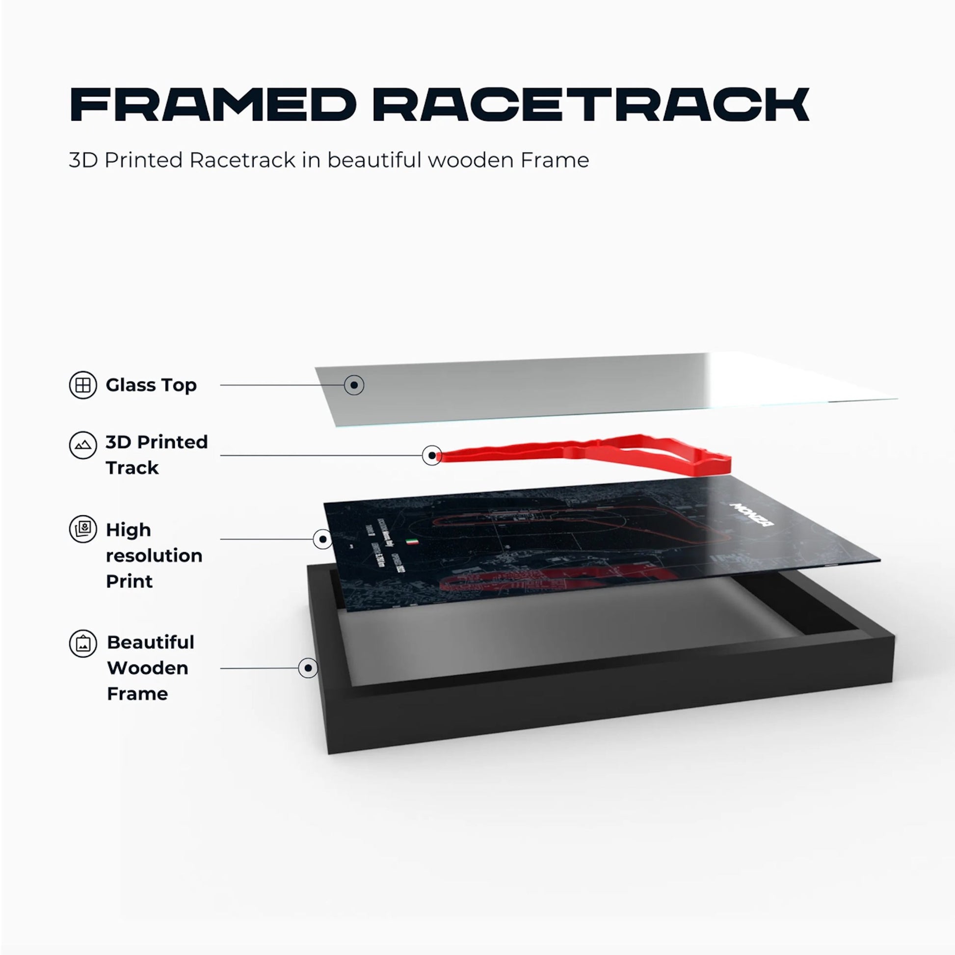 Framed racetrack with 3D printed track and glass top on a white background
