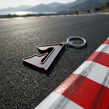 Bahrain International Circuit F1 track keychain in black and red 3D-printed design