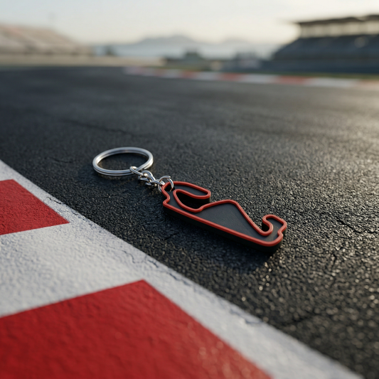 Circuit de Barcelona-Catalunya F1 track keychain in black and red 3D-printed design
