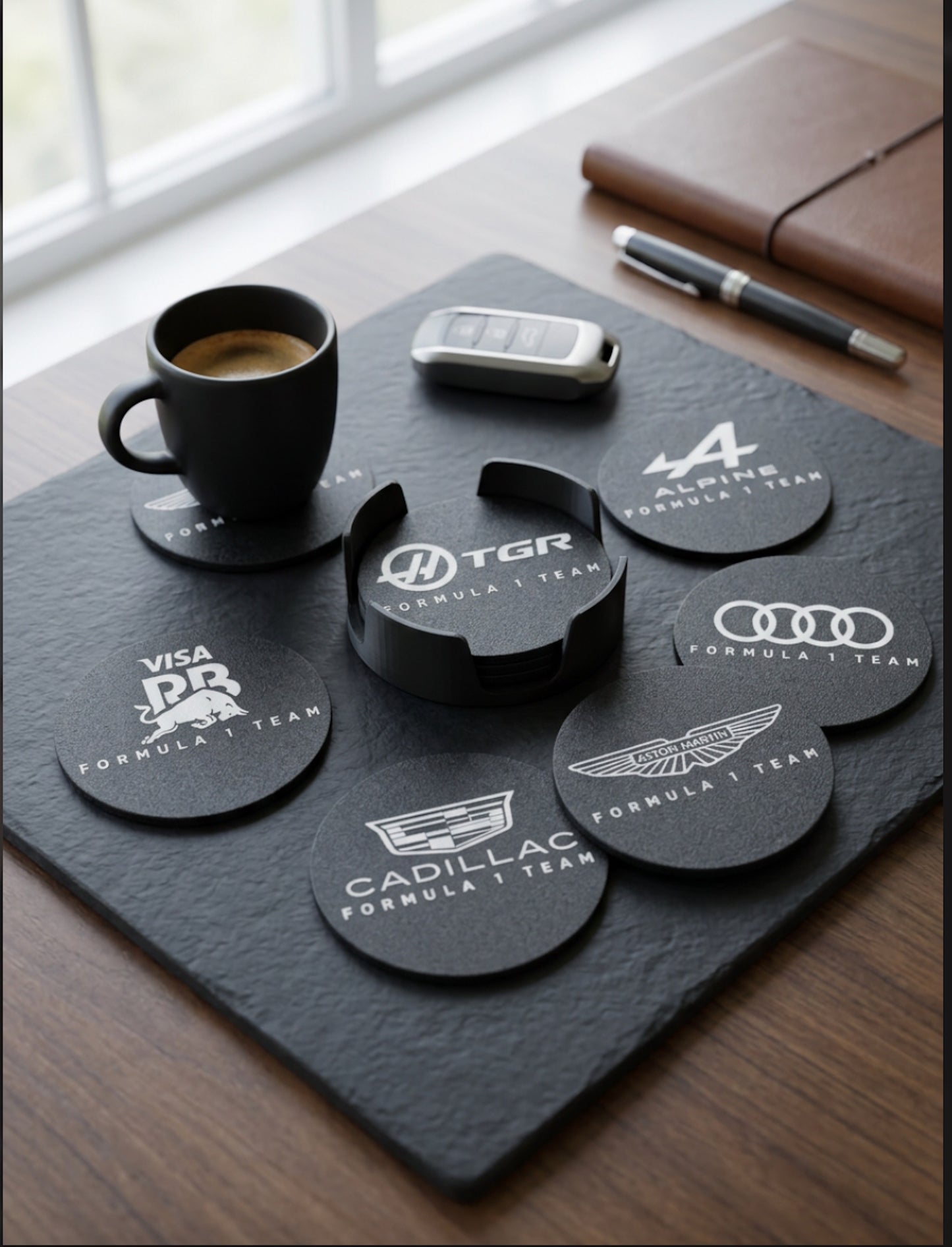Angled view of Formula 1 coasters set with 3D printed holder on wooden desk showing depth and premium finish