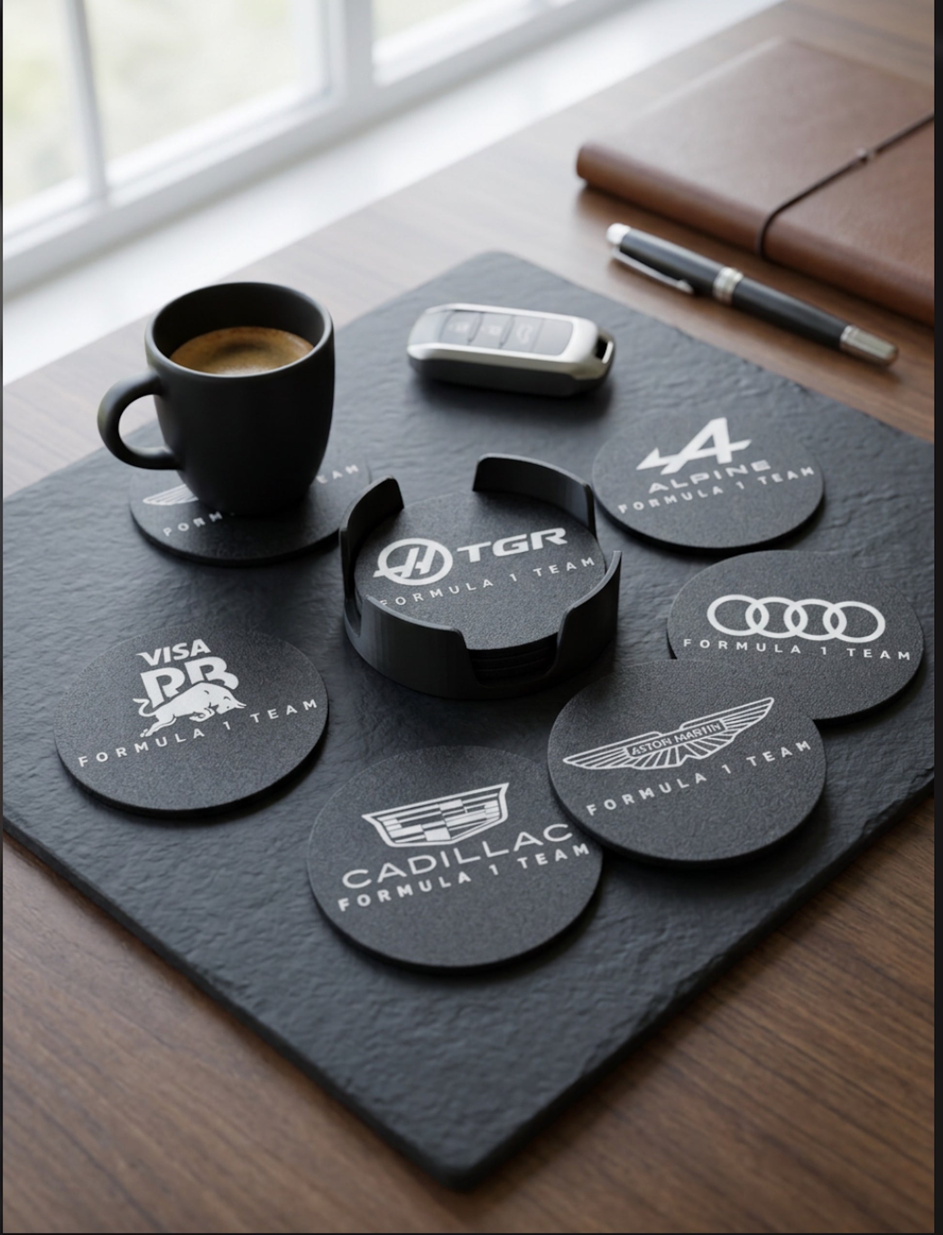 Angled view of Formula 1 coasters set with 3D printed holder on wooden desk showing depth and premium finish