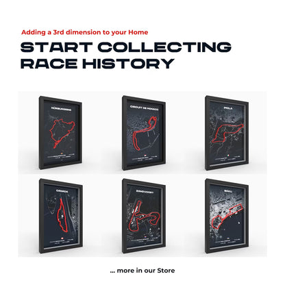 Collection of framed Formula 1 circuit artwork featuring multiple tracks with raised 3D printed race track details