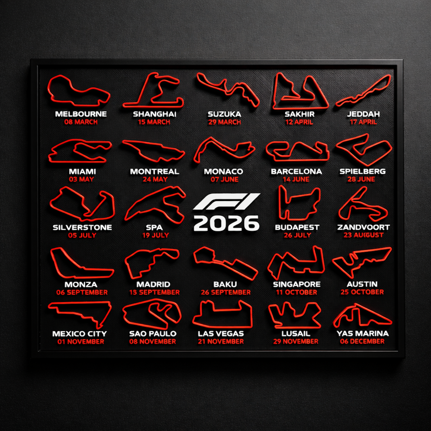 F1 2026 race circuit map with event names on a black background