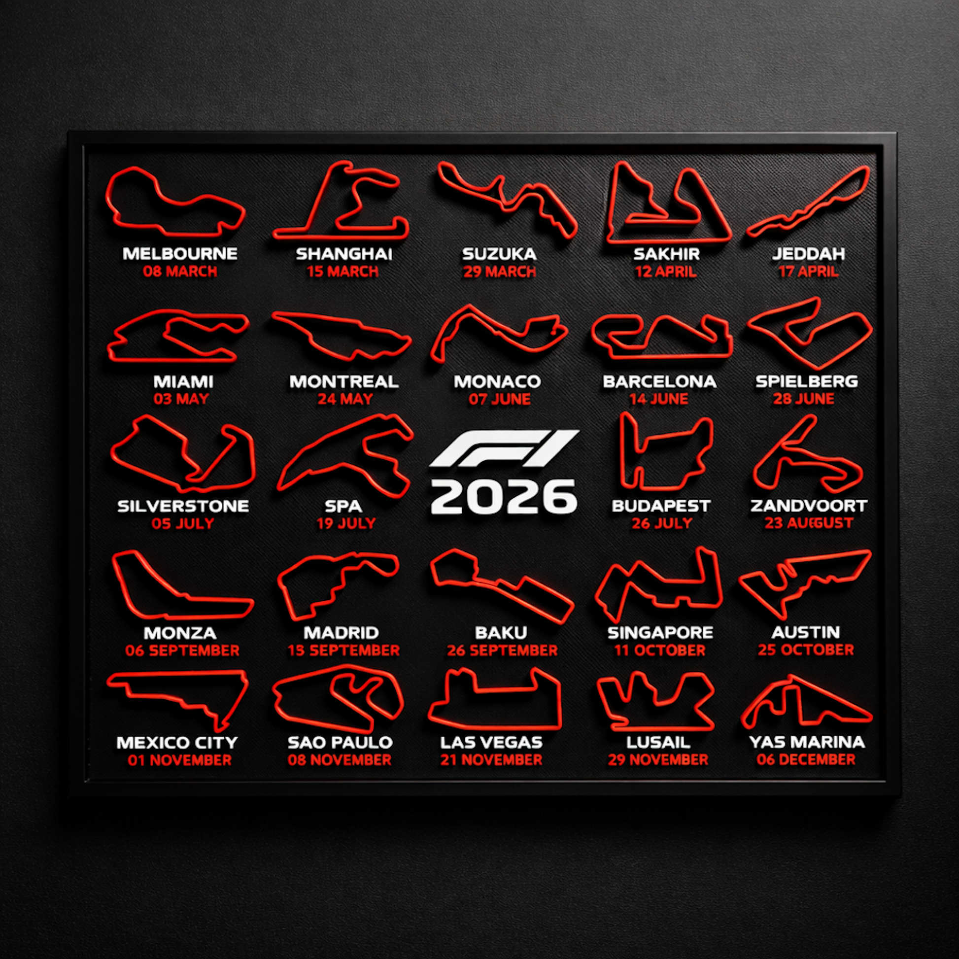 F1 2026 race circuit map with event names on a black background