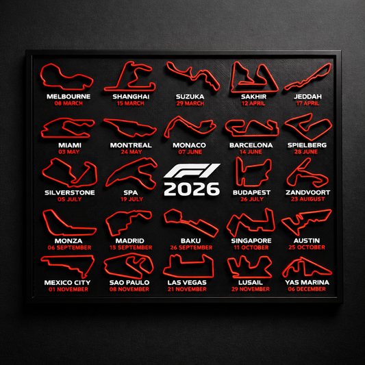 F1 2026 race circuit map with event names on a black background