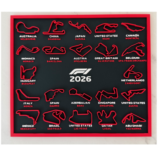 Map of Formula 1 race tracks with track shapes and names on a black background