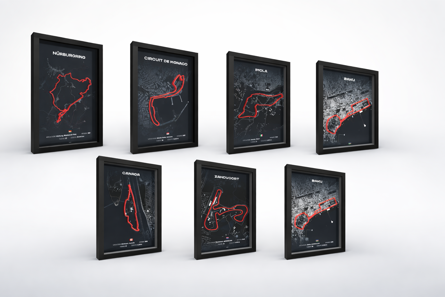Set of framed maps of different circuits on a white background