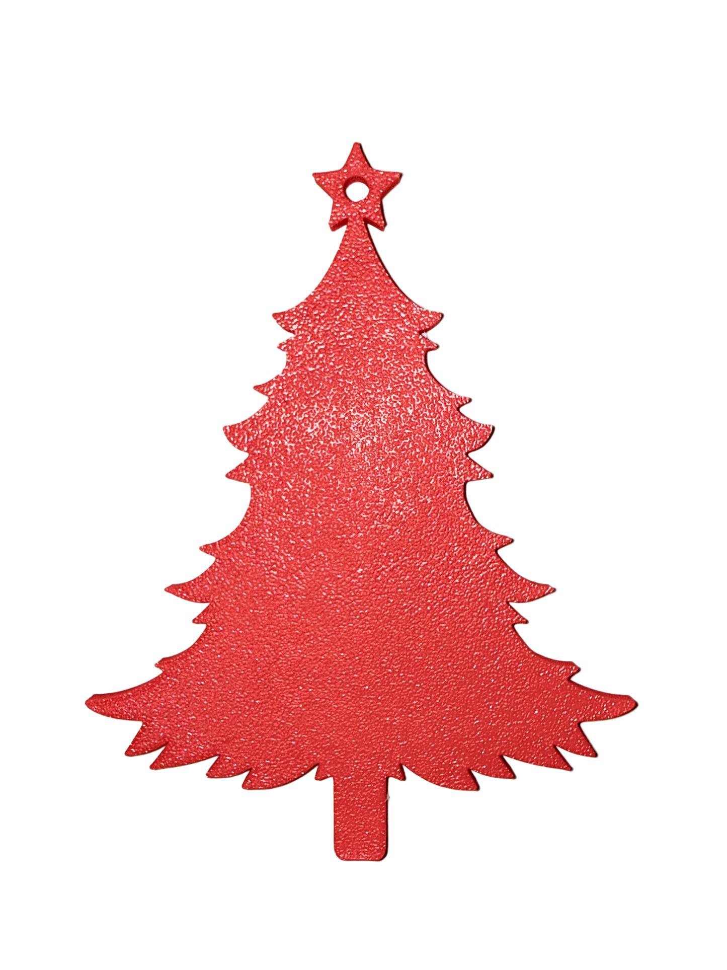 Red Christmas tree-shaped ornament on a light gray background