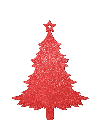 Red Christmas tree-shaped ornament on a light gray background