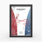 A framed Zandvoort motorsport map print featuring a red track outline over a white, blue, and red background, displayed in a black frame against a light gray studio background.
Dutch Grand Prix track framed wall art front view
