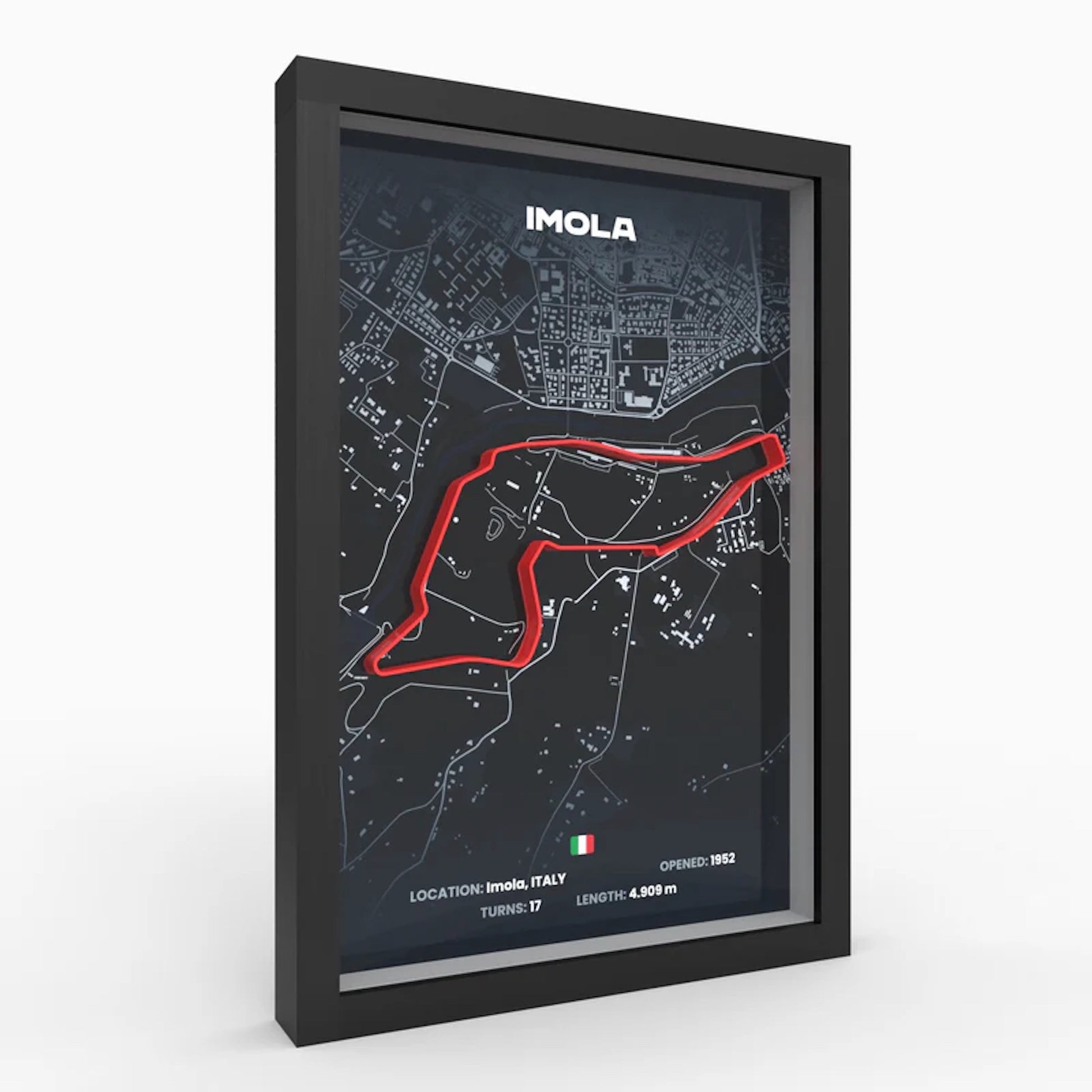 Side profile of Imola track art showing depth and premium framing