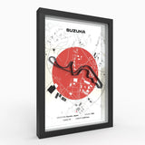 A framed Suzuka race track poster with a black frame, featuring a white background, a large red circle, black track lines, and the word 'SUZUKA' at the top. The frame is shown at a slight angle against a light gray background.
Suzuka Formula 1 track framed 3D wall art front view premium A4