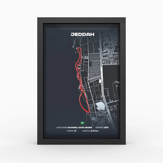 Jeddah Formula 1 street circuit framed 3D track art front view A4