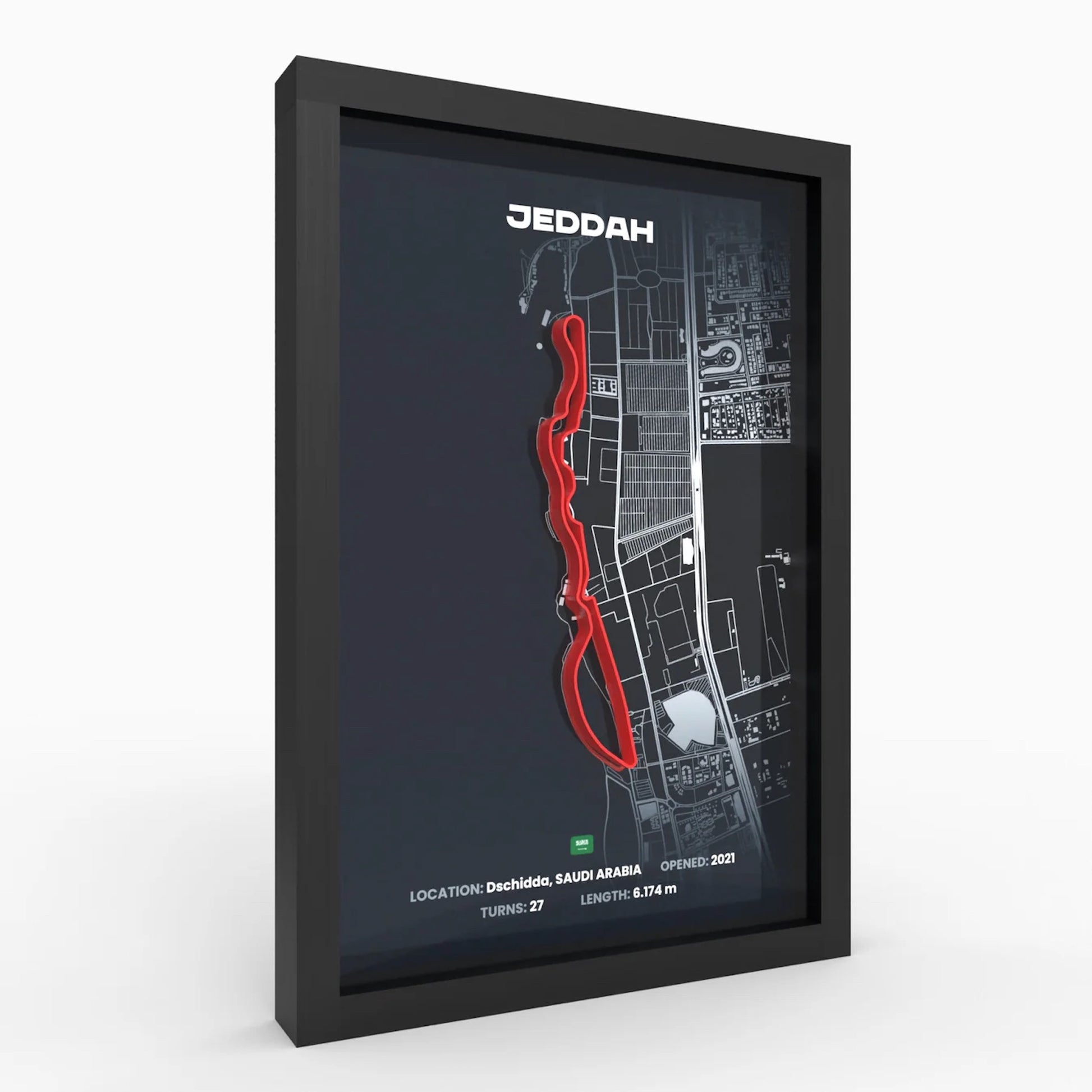 Angled side view of Jeddah F1 track wall art highlighting 3D elevation