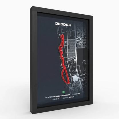 Angled side view of Jeddah F1 track wall art highlighting 3D elevation