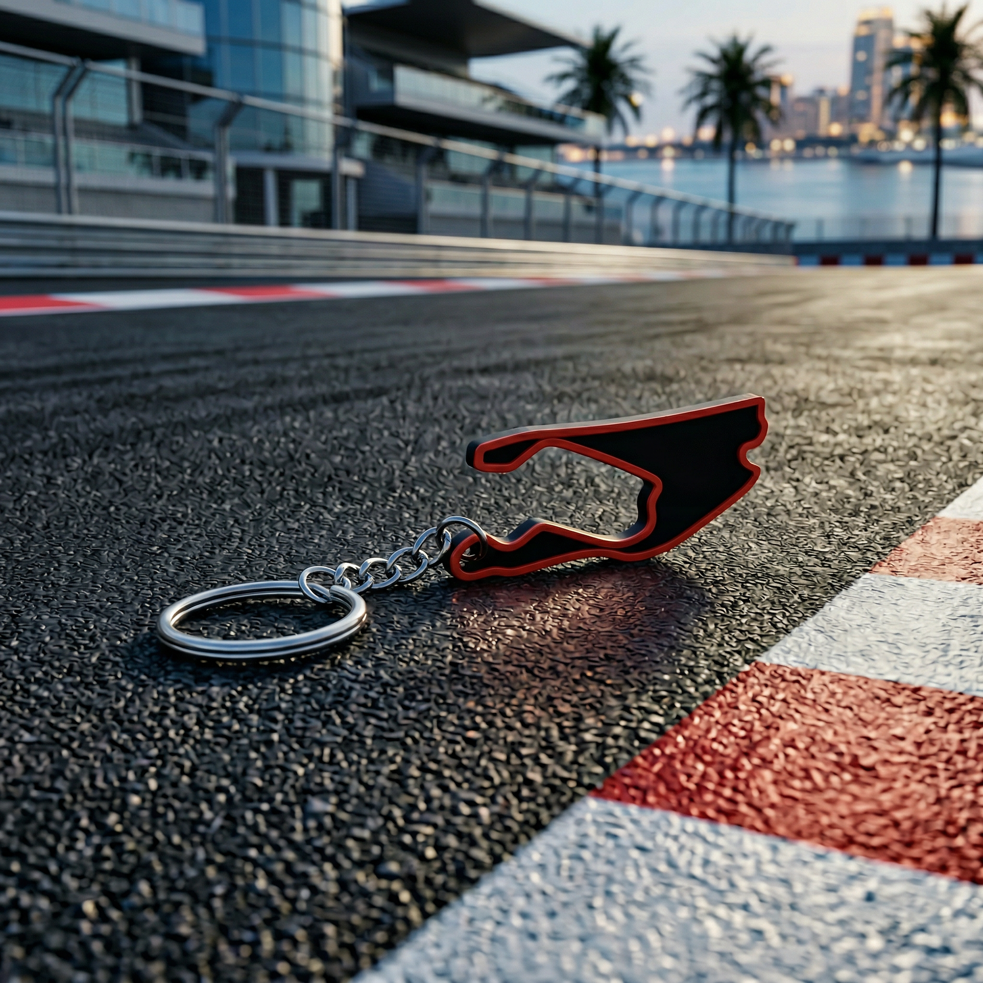 Miami International Autodrome F1 track keychain in black and red 3D-printed design