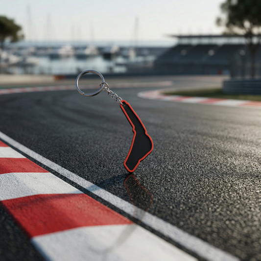 Monza F1 track keychain in black and red 3D-printed design