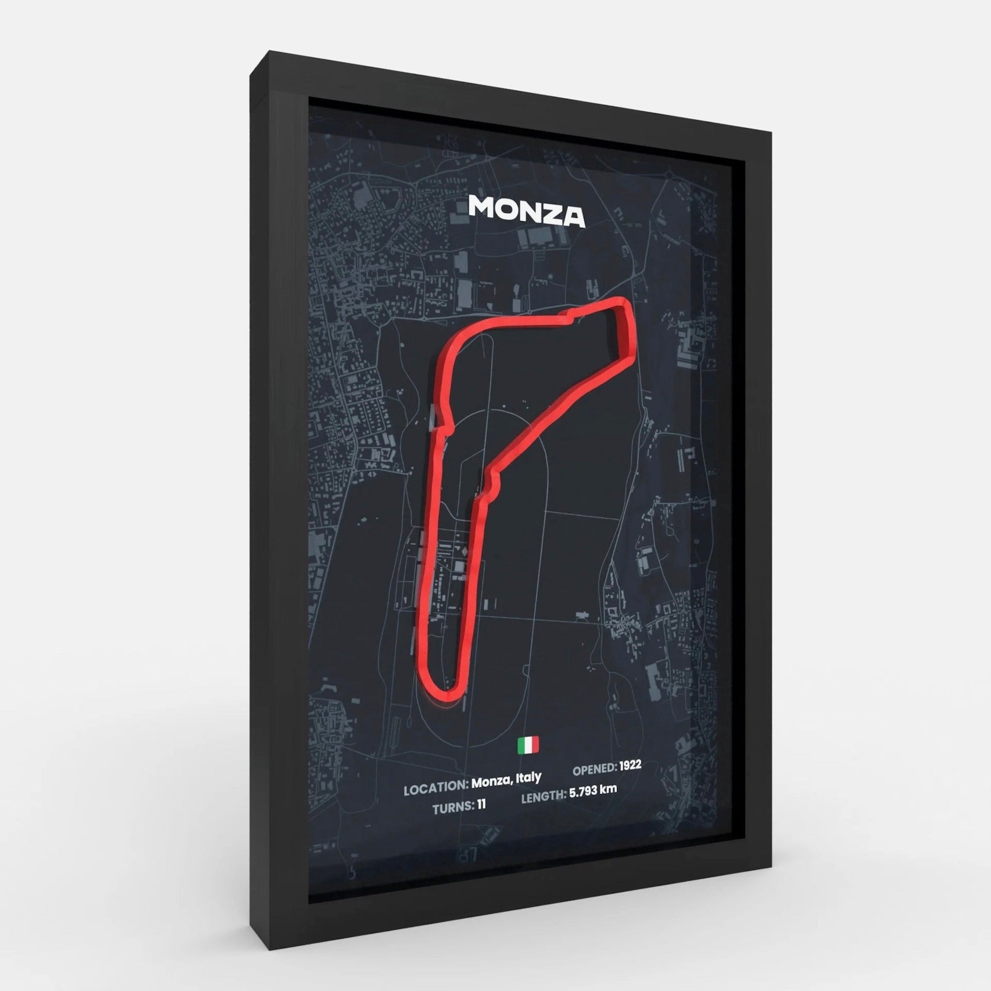 Side angle Monza track artwork showing flat yet layered design