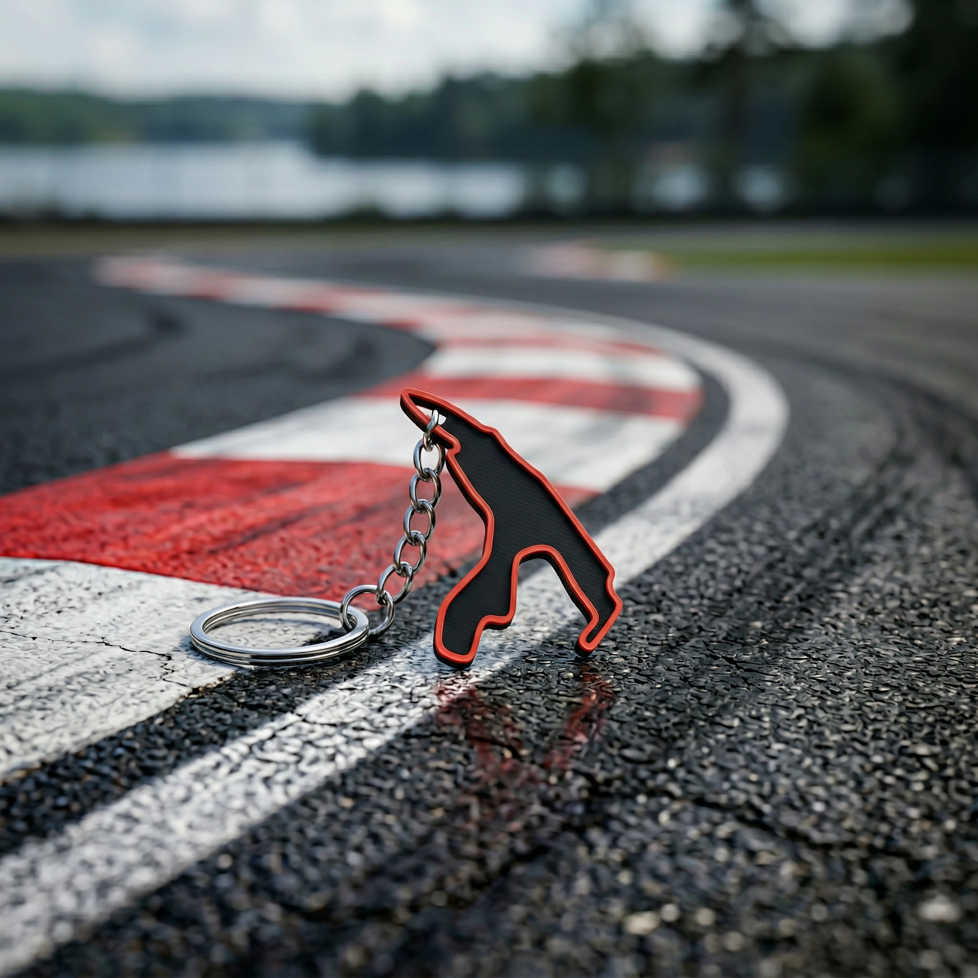 Spa-Francorchamps F1 track keychain in black and red 3D-printed design