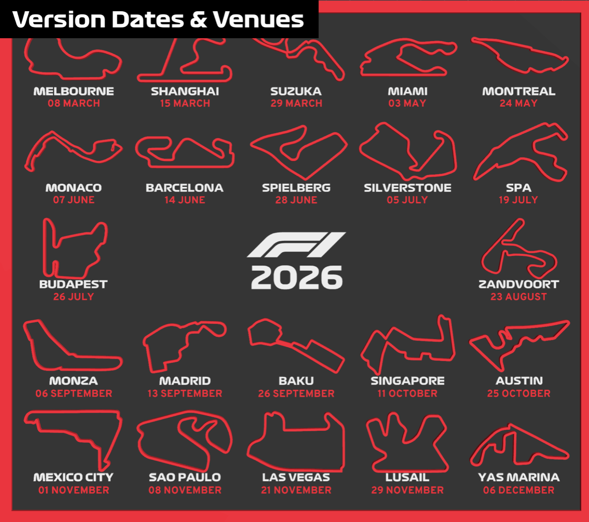 2026 Formula 1 calendar with race track outlines and event dates on a red and black background