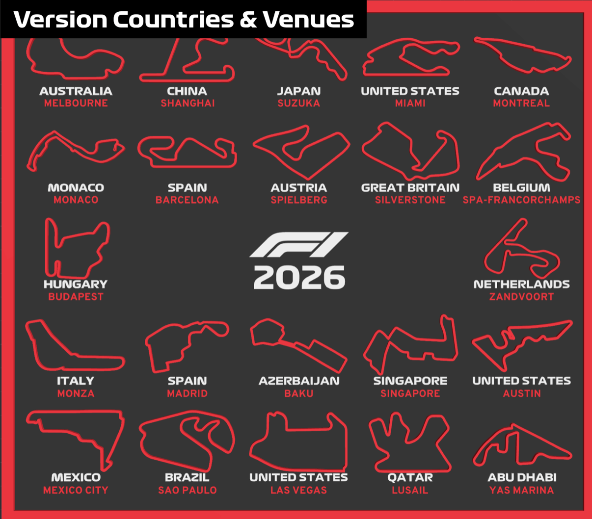 Map of F1 race tracks with locations and 2026 event details on a black background.
