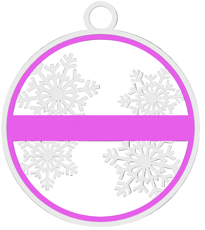 Circular design with white snowflakes and a pink ribbon on a black background