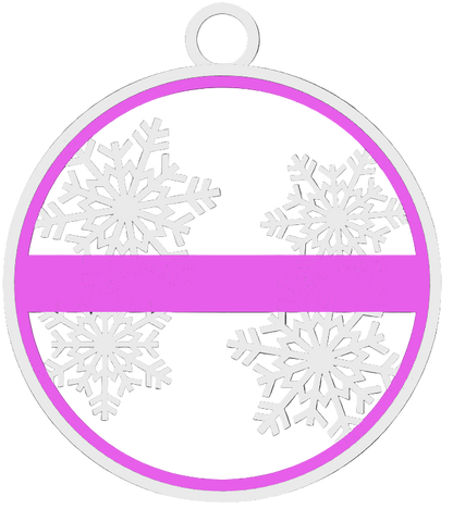 Circular design with white snowflakes and a pink ribbon on a black background