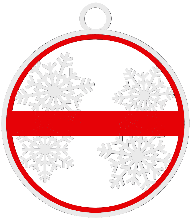 Decorative ornament with white snowflakes inside a red circle on a black background