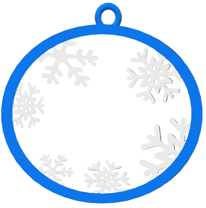 Blue circular ornament with white snowflakes on a grid background