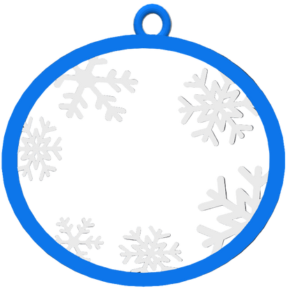 Blue circular ornament with white snowflakes on a grid background