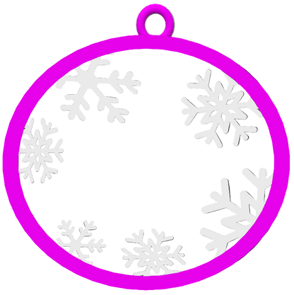 Circular ornament with white snowflakes on a grid background