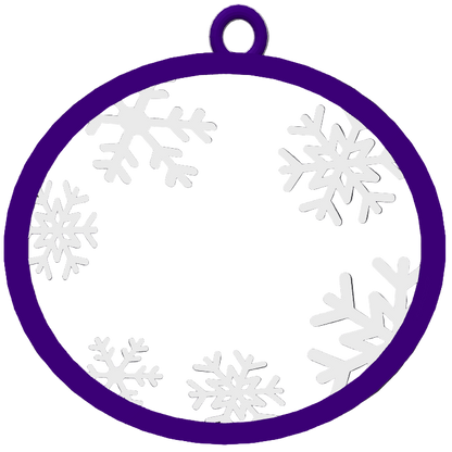 Circular purple ornament with white snowflake patterns on a grid background