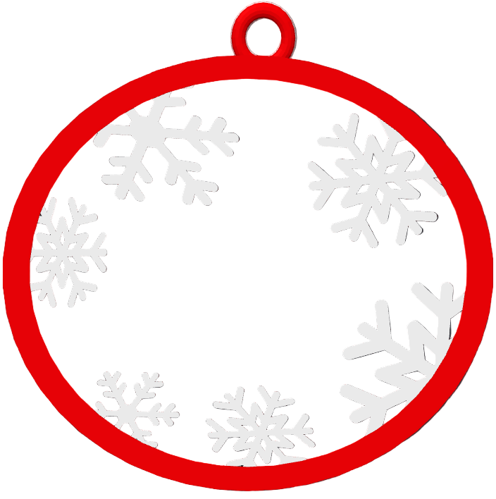 Red circular ornament with white snowflakes on a grid background