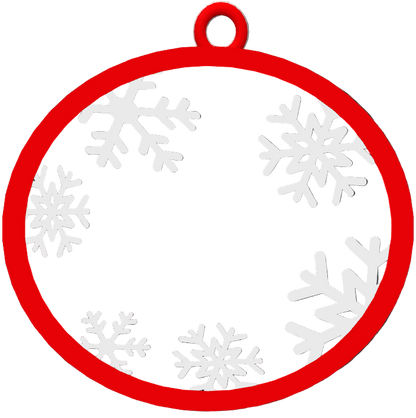 Red circular ornament with white snowflakes on a grid background