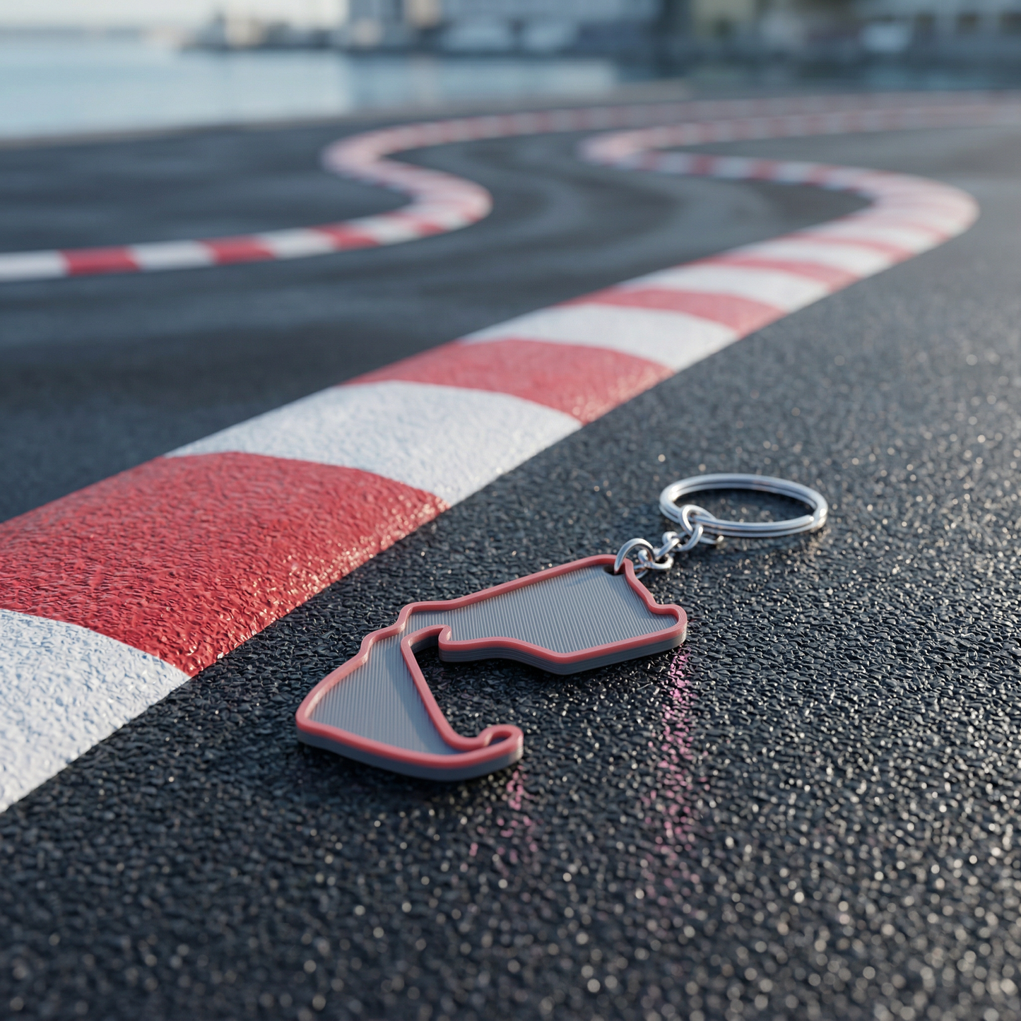 Silverstone Circuit F1 track keychain in black and red 3D-printed design