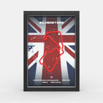 A framed poster of the Silverstone motorsport track, featuring a red track outline over a Union Jack flag background, presented in a black frame against a light gray background.
Silverstone Formula 1 track framed wall art front display