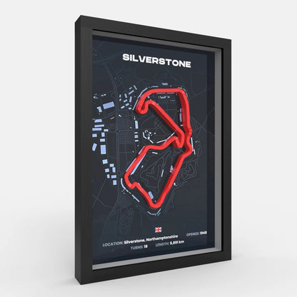 Side angle Silverstone track artwork emphasizing layered depth