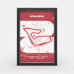 A framed minimalist map print of the Spielberg race track, featuring a red and white design with a black frame, shown against a light gray background.
Side profile Red Bull Ring track artwork showing elevation layers