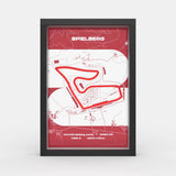 A framed minimalist map print of the Spielberg race track, featuring a red and white design with a black frame, shown against a light gray background.
Side profile Red Bull Ring track artwork showing elevation layers