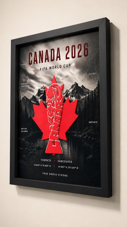 Framed Canada 2026 football wall art with red 3D maple leaf and trophy design on a dark mountain background.
