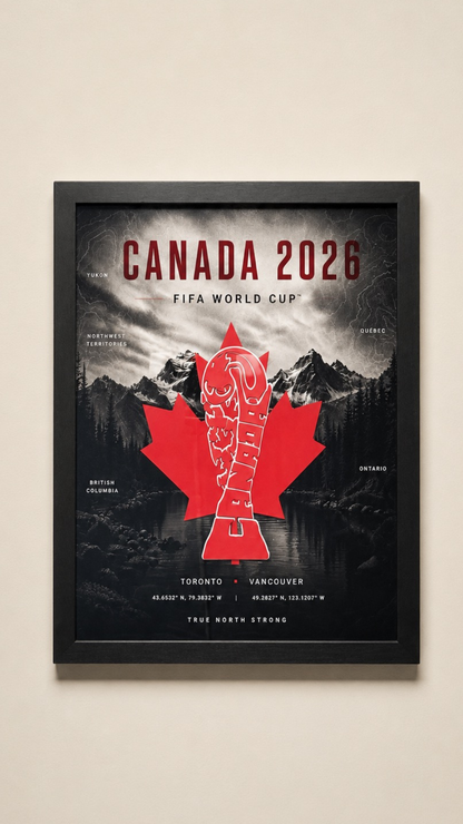 Angled view of Canada 2026 3D wall art in a black frame with red maple leaf detail and cinematic landscape design.
