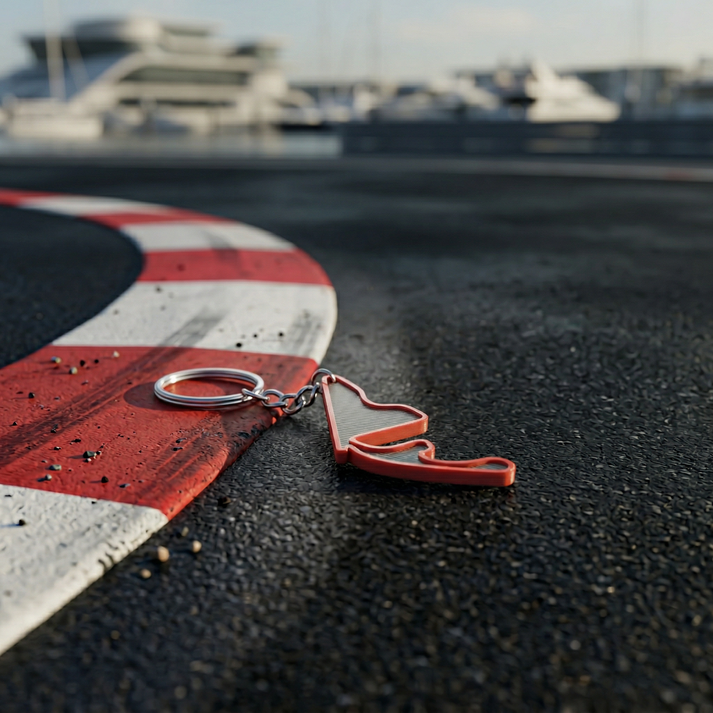 Yas Marina Circuit F1 track keychain in black and red 3D-printed design