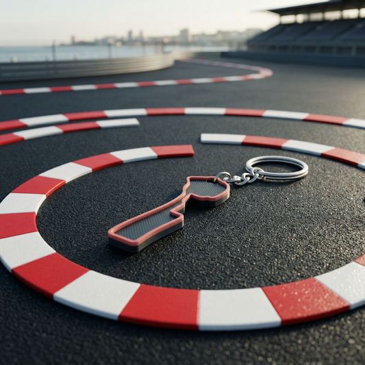 Baku City Circuit F1 track keychain in black and red 3D-printed design